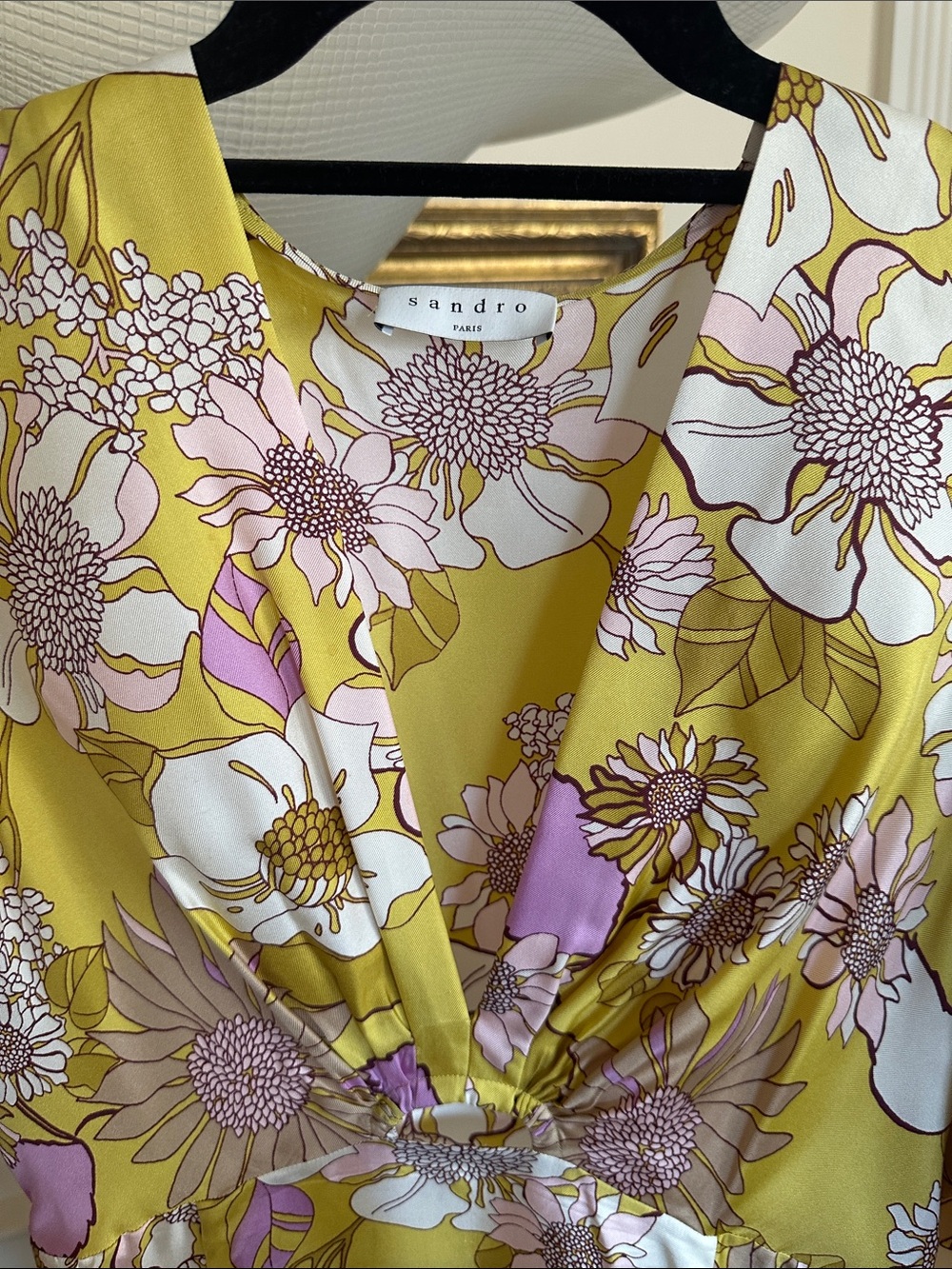 Sandro Yellow Satin Floral Wrap Dress with Pink Accents
